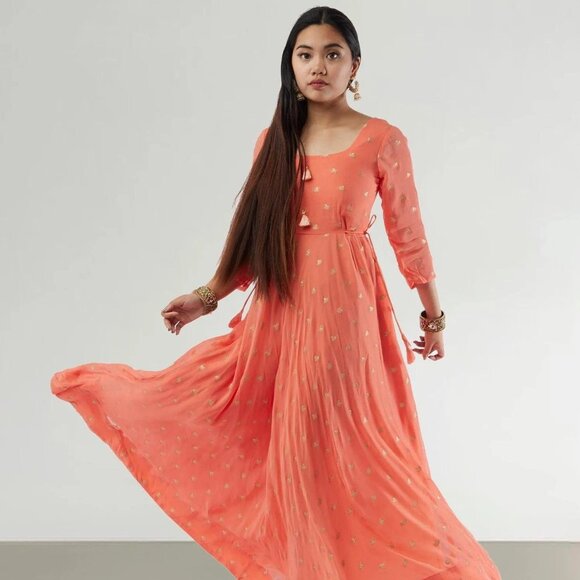 Orange Banarasi Georgette Anarkali | Muvvas Boutique - Picture 4 of 6